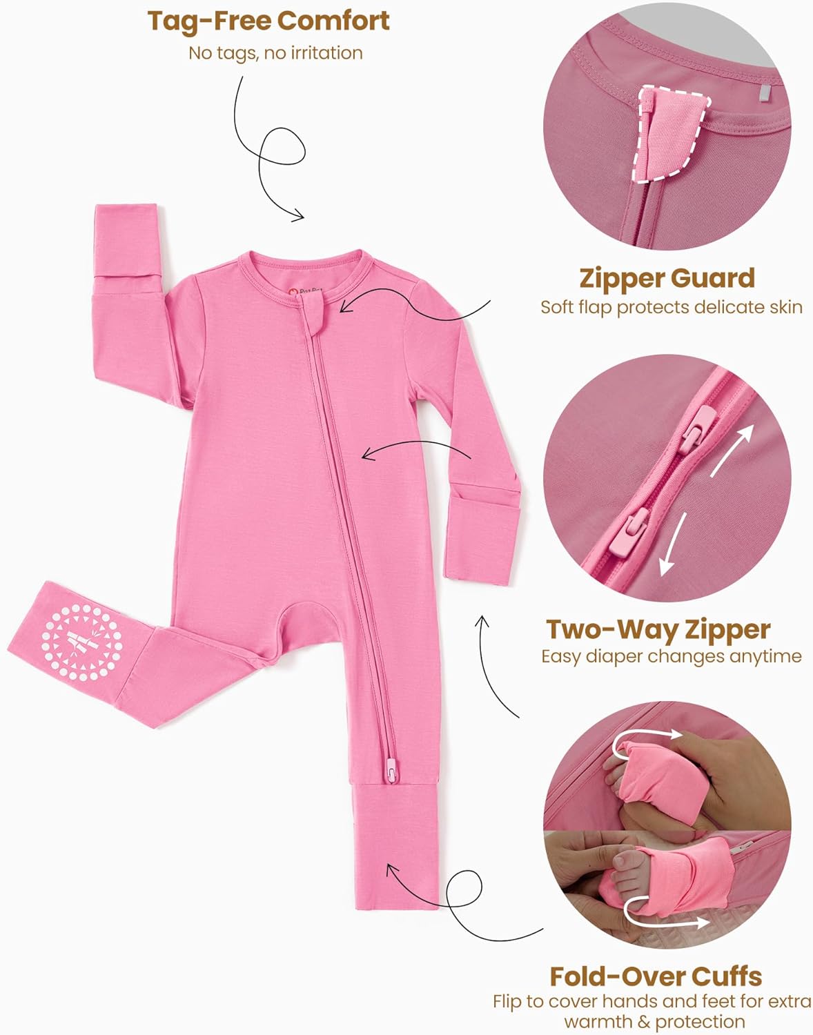 PATPAT Baby Footies Boys Girls - Bamboo Viscose - Zipper & Non-Slip Soles Romper Mitten - Footed &