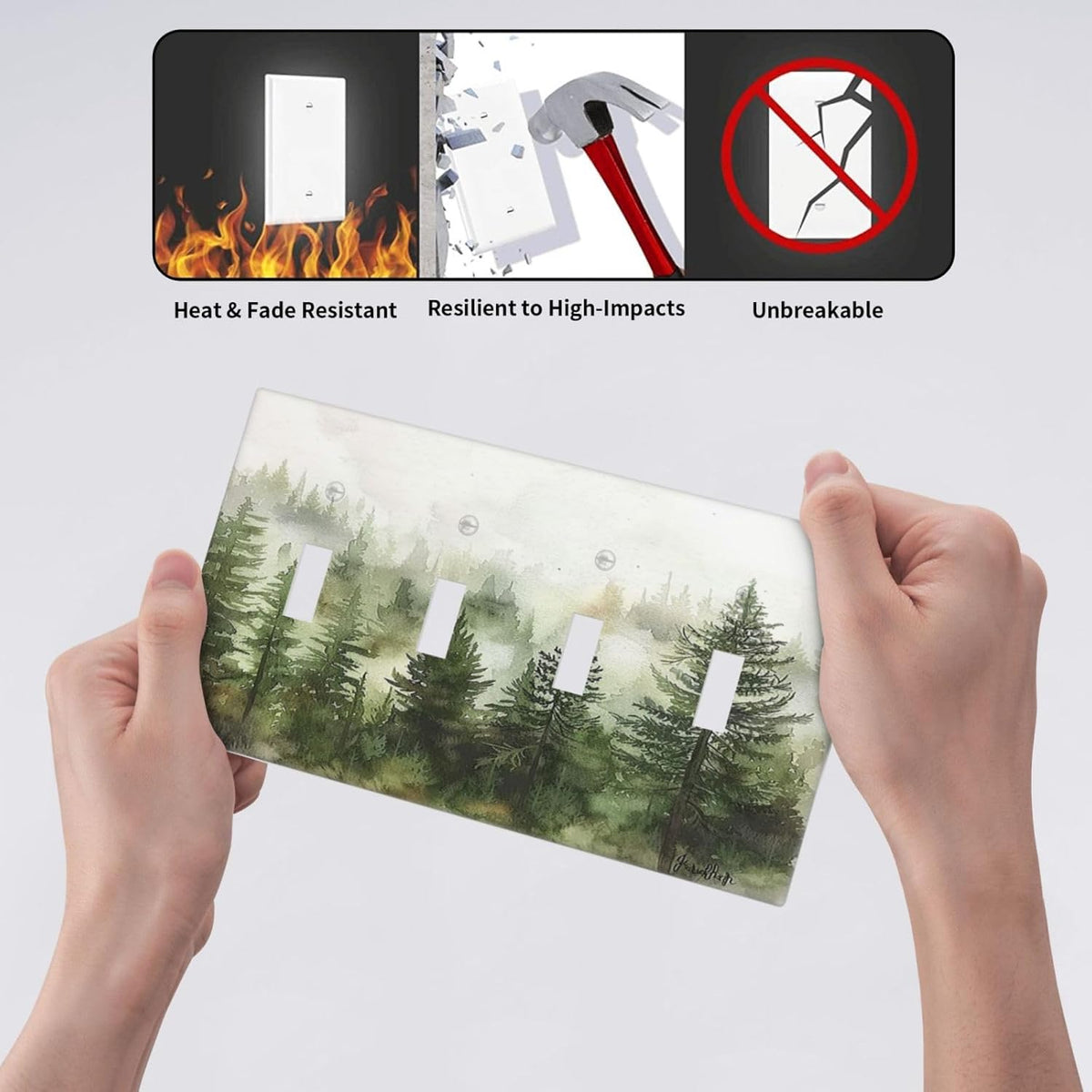 Light Switch Covers Green Forest Watercolor Painting Foggy Pine Quad Toggle Electrical Faceplate 4