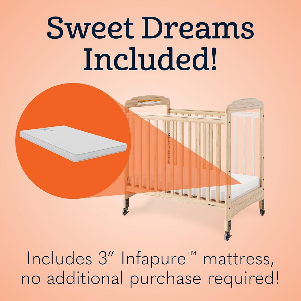 Foundations Serenity Compact Daycare Crib, Fixed Side, Features Mirrorview End Panels and Slatted