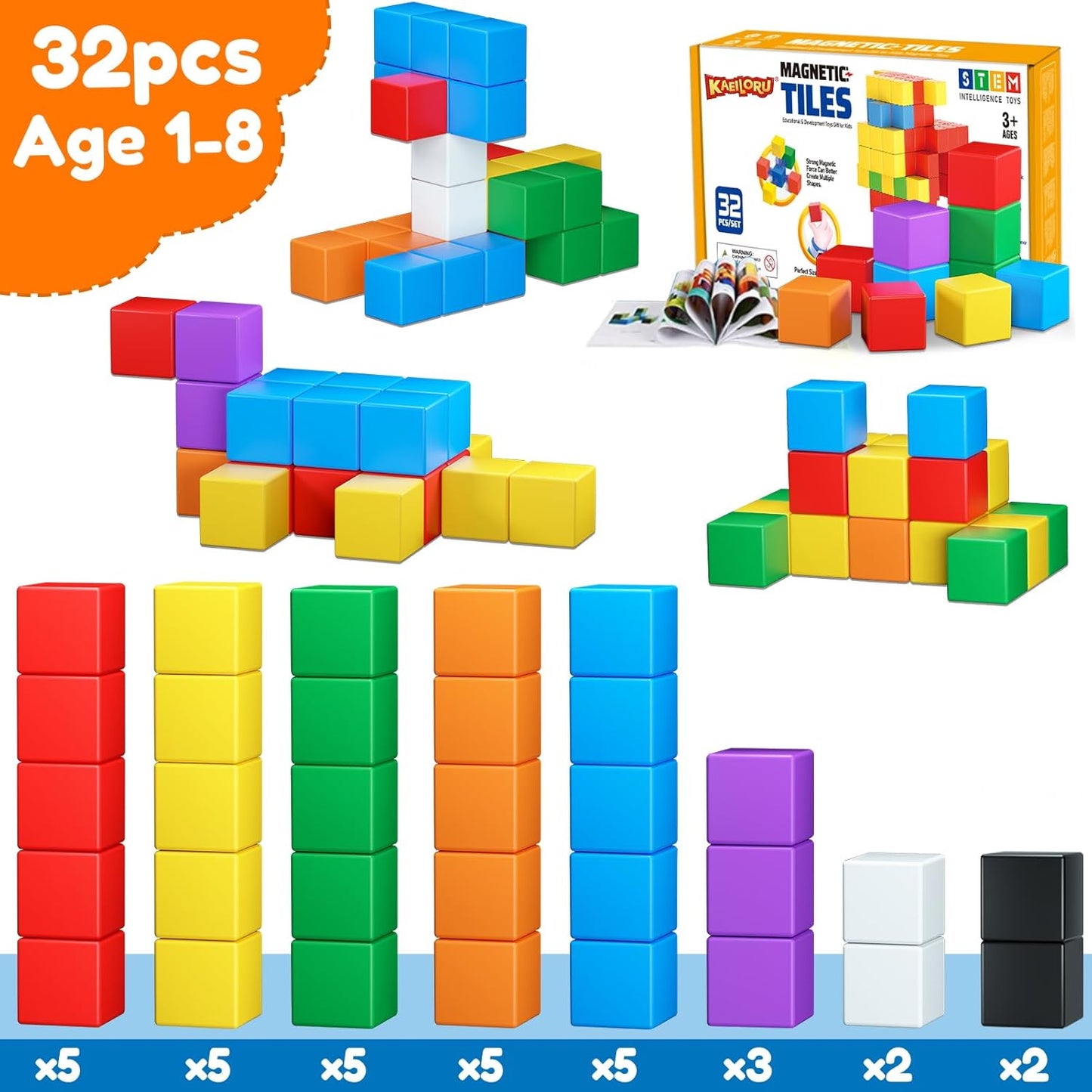 Magnetic Blocks,32PCS Magnetic Building Blocks for Toddlers Age 3-5 Magnet Cubes Toys STEM