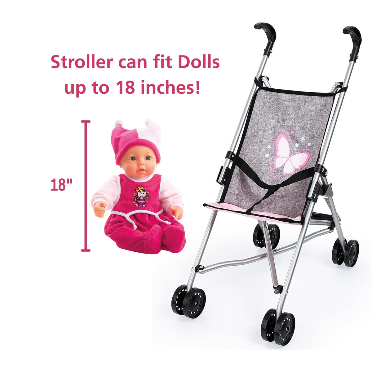 Bayer Doll Umbrella Stroller, Foldable Toy Buggy for 18 Inch Dolls, Grey