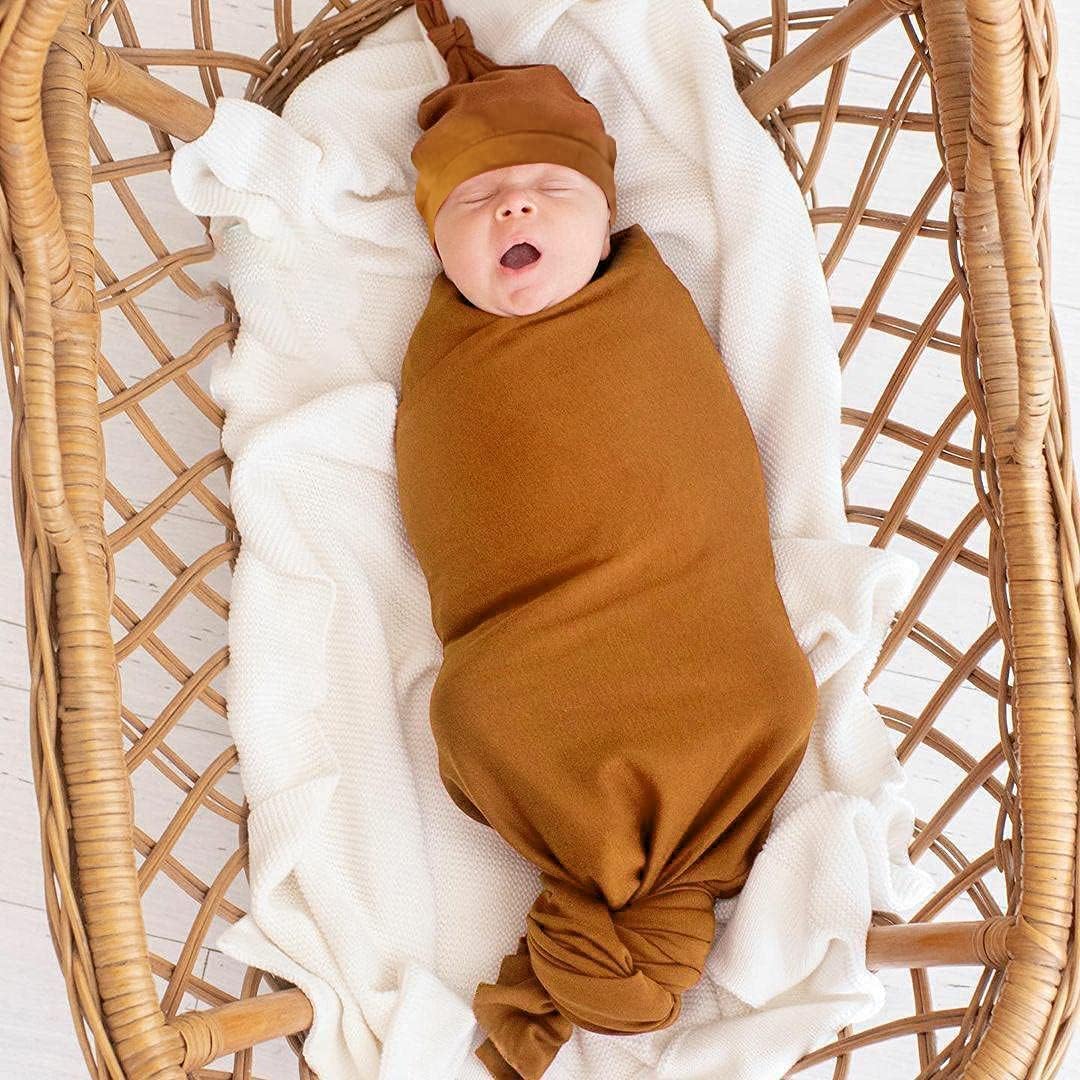 iEvolve Cotton Knitted Baby Swaddle Blanket with Hat Headband Set Newborn Swaddle Wrap Receiving