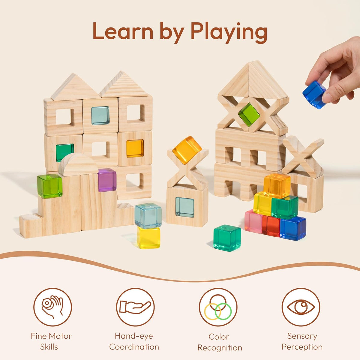 Wooden Rainbow Building Blocks Set for Kids, 22 PCS Wooden Blocks & 25 PCS Gem Cubes Stacking