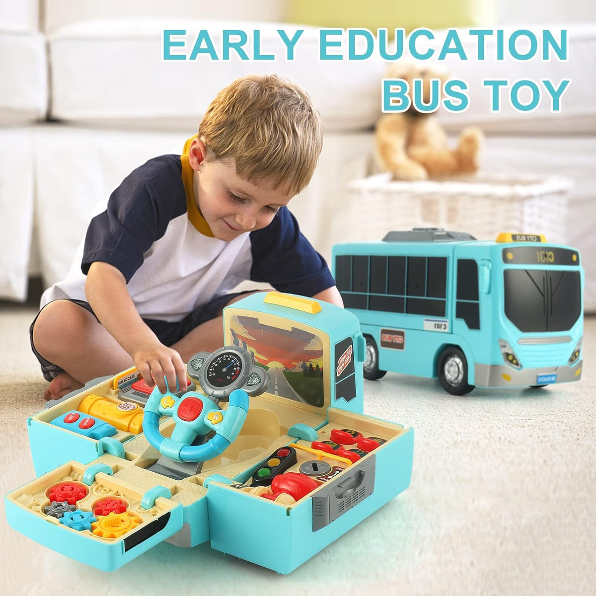 HONGTUO Bus Toy with Sound and Light, Simulation Steering Wheel Gear Toy, Toddlers Bus Toys with
