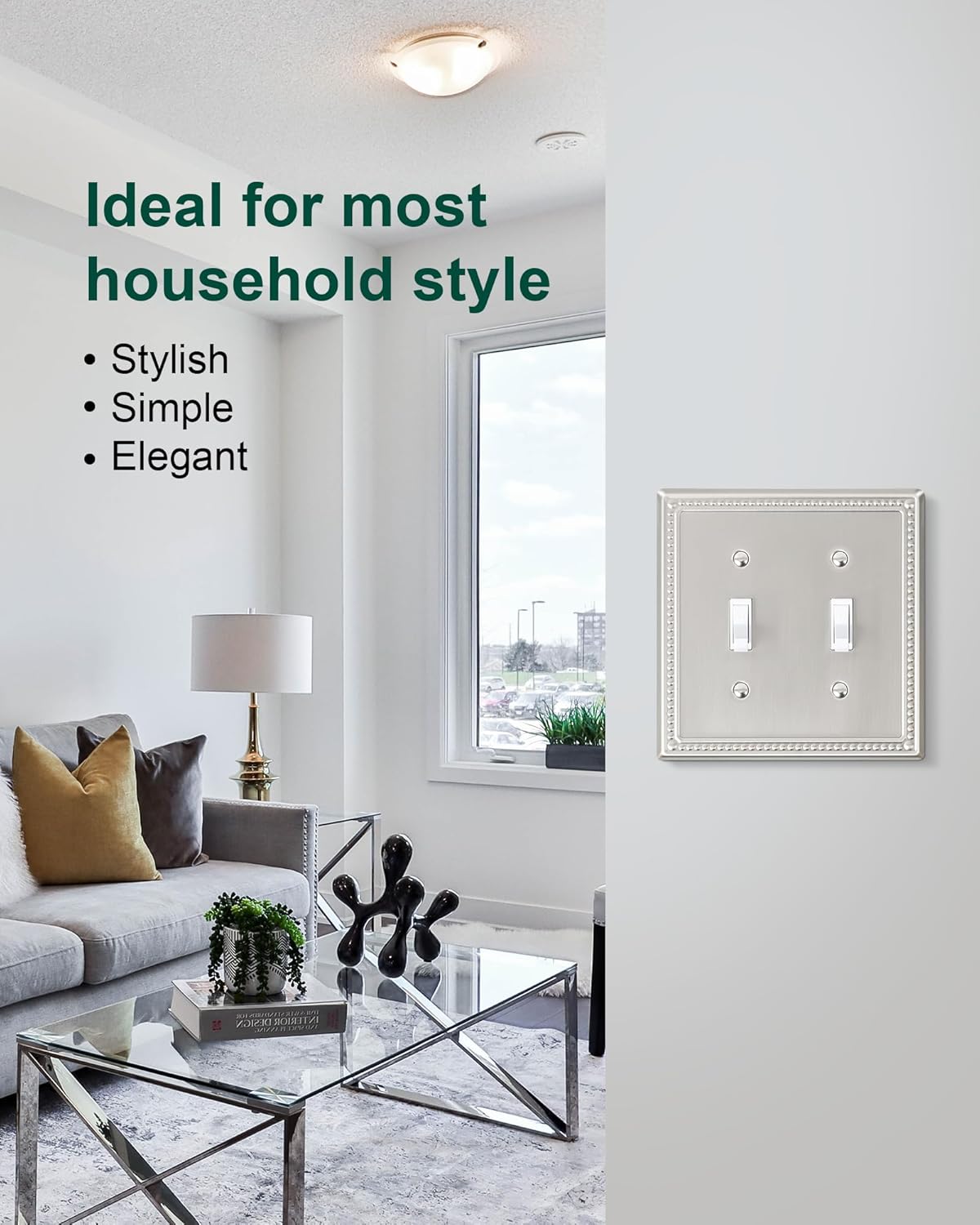 2-Pack Double Toggle Light Switch Cover Plate, Pearls Decorative Dual Switch Plate Covers, Brushed