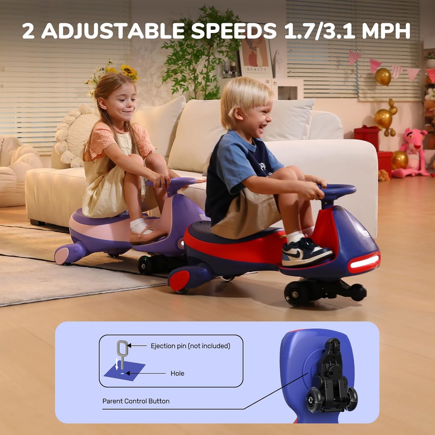 FanttikRide 6V N7 Classic Electric Wiggle Car with Pedal, Rechargeable Battery, Ride on Toys, Swing