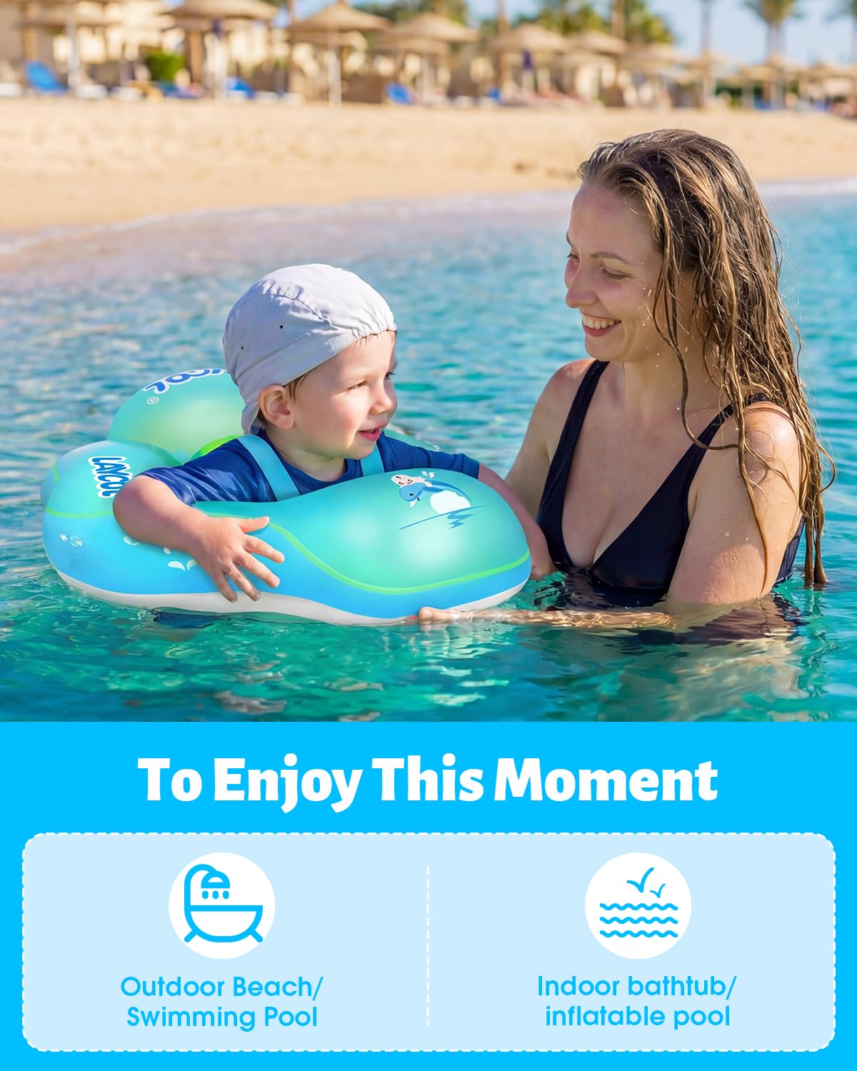 LAYCOL Baby Pool Float with Canopy UPF50+, 5 Point Safety Buckle No Flip Over, Inflatable Toddler