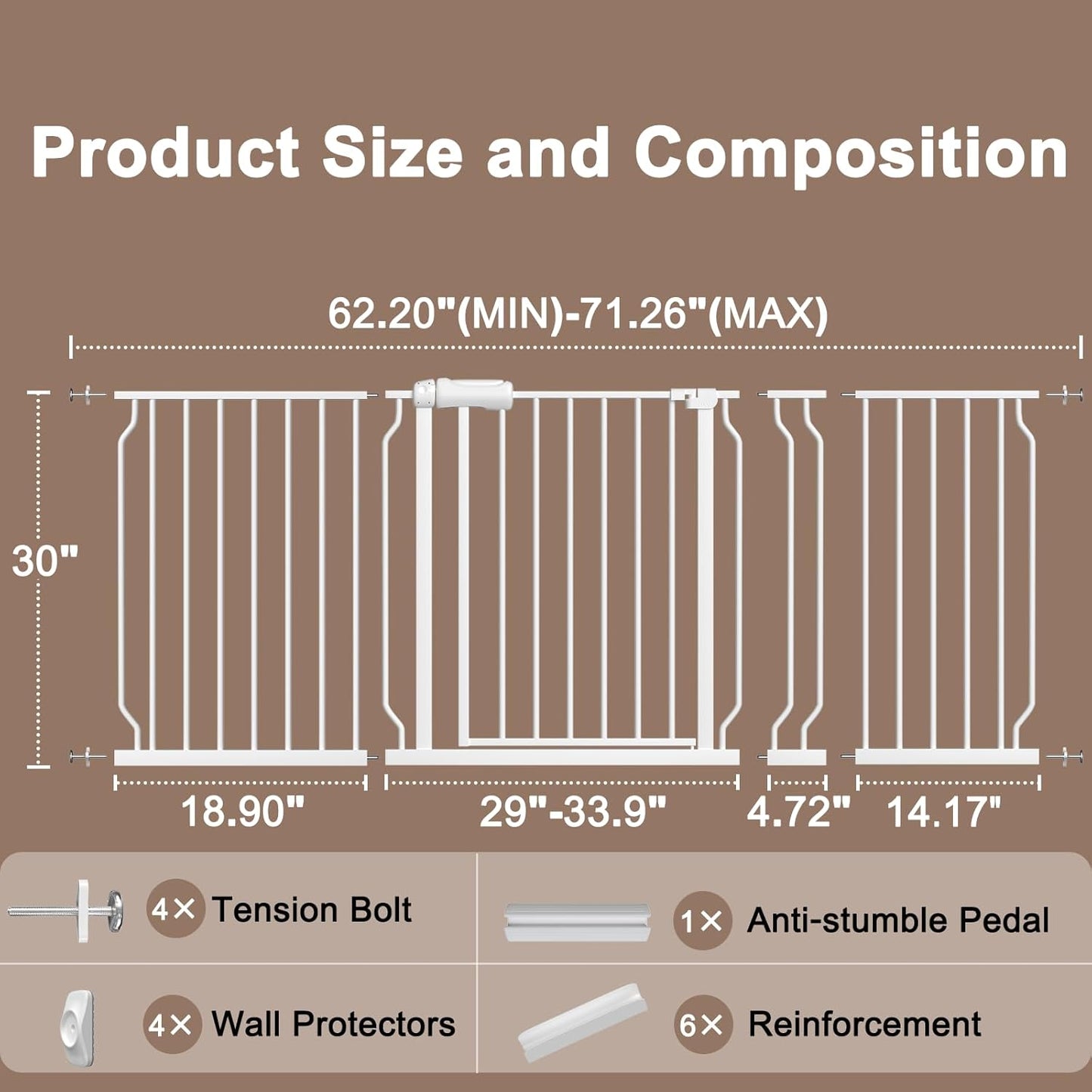 WAOWAO Baby Gate 62.20-71.26" Extra Wide Pressure Mounted Walk Through Swing Auto Close Safety