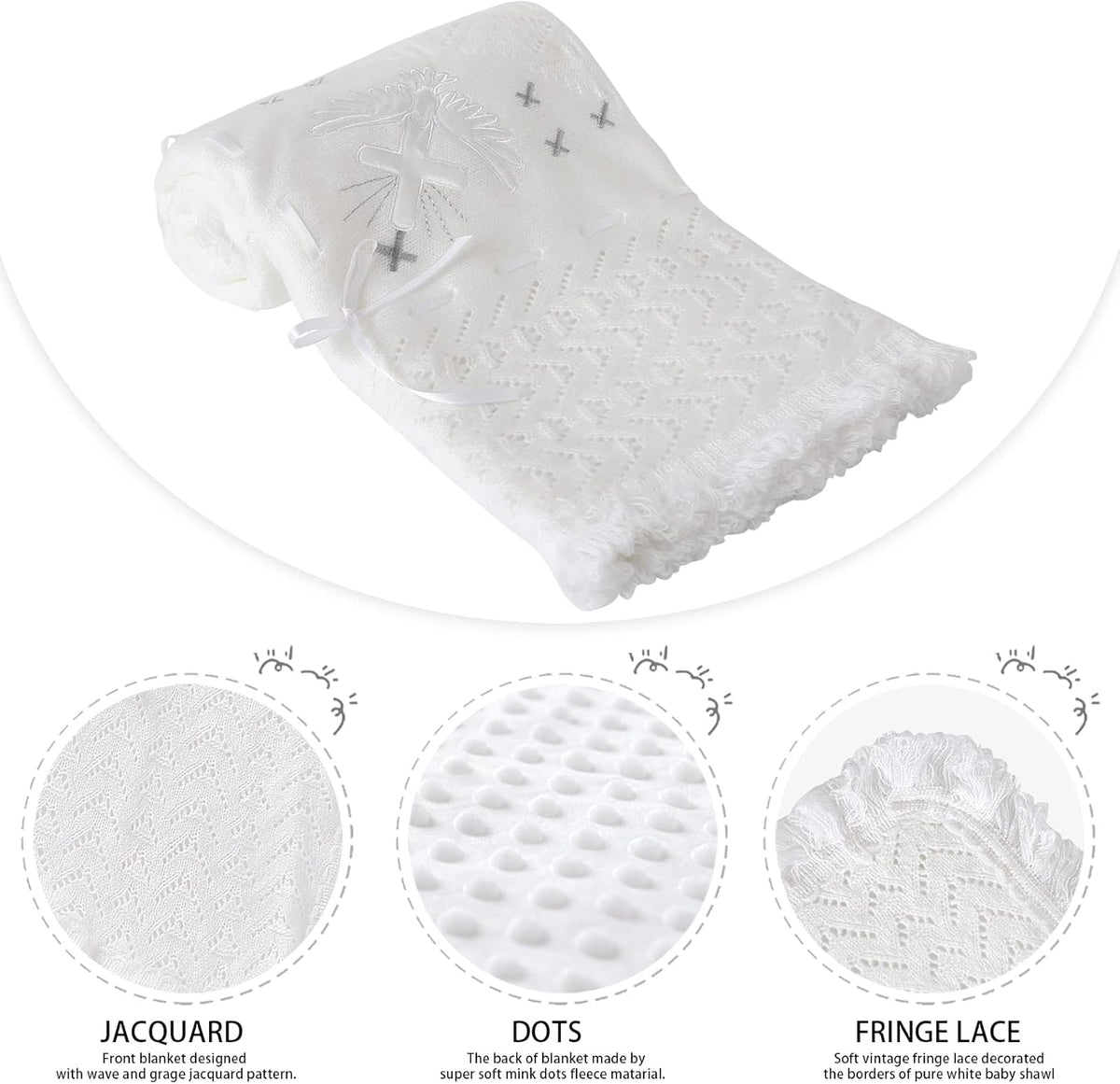 Booulfi Baby Christening Blanket Newborn White Baby Blanket Shawl Neutral Knitted Baptism Blankets