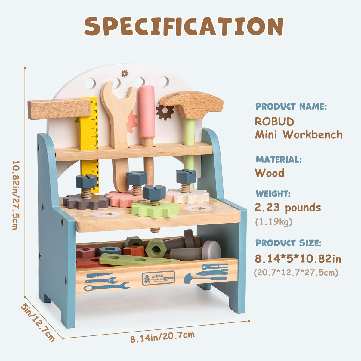ROBUD Mini Wooden Play Tool Workbench Set for Kids Toddlers - Montessori Toys for 3 4 5 Years Old