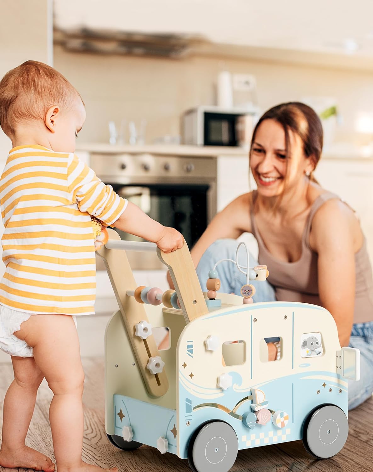 ROBOTIME Wooden Baby Walker, Baby Push Walker, Baby Activity Center Toys, Ajustable Speed