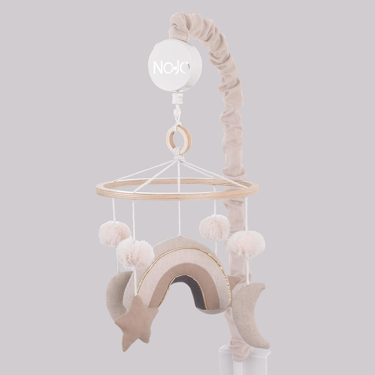 NoJo Rainbow Moon and Stars Pom Pom Ivory, Taupe, and Natural Wood Tones Plush Nursery Musical