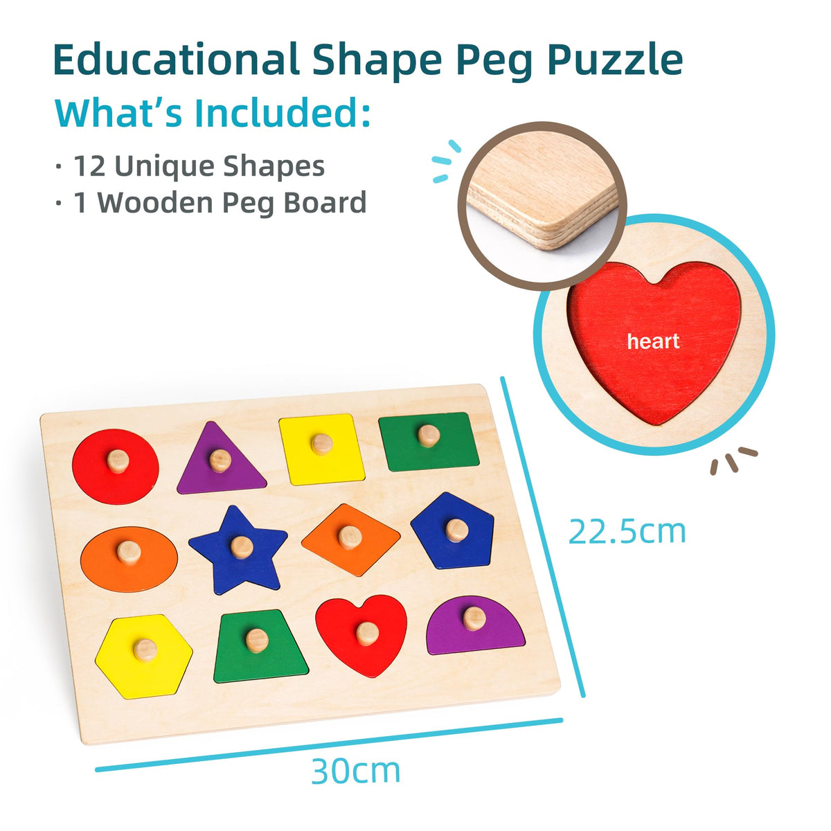 Wooden Shape Peg Puzzle Board, Educational Geometric Learning Board with Knobs, Multicolor Basic