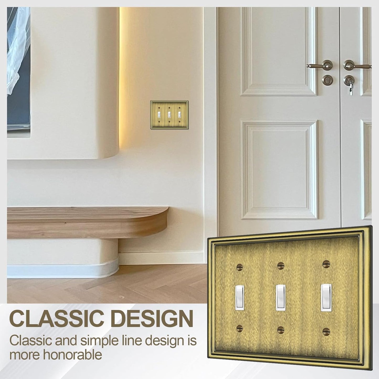 2 Pack Triple Toggle Light Switch Covers Plate, Antique Brass Metal Material Switch Plate Covers, 3