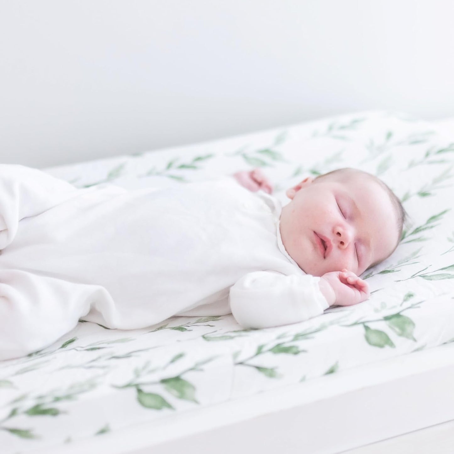 Crane Baby Green Leaf, Quilted Changing Pad Cover, 100% Cotton Sateen, 16in X 32in, Fitted with