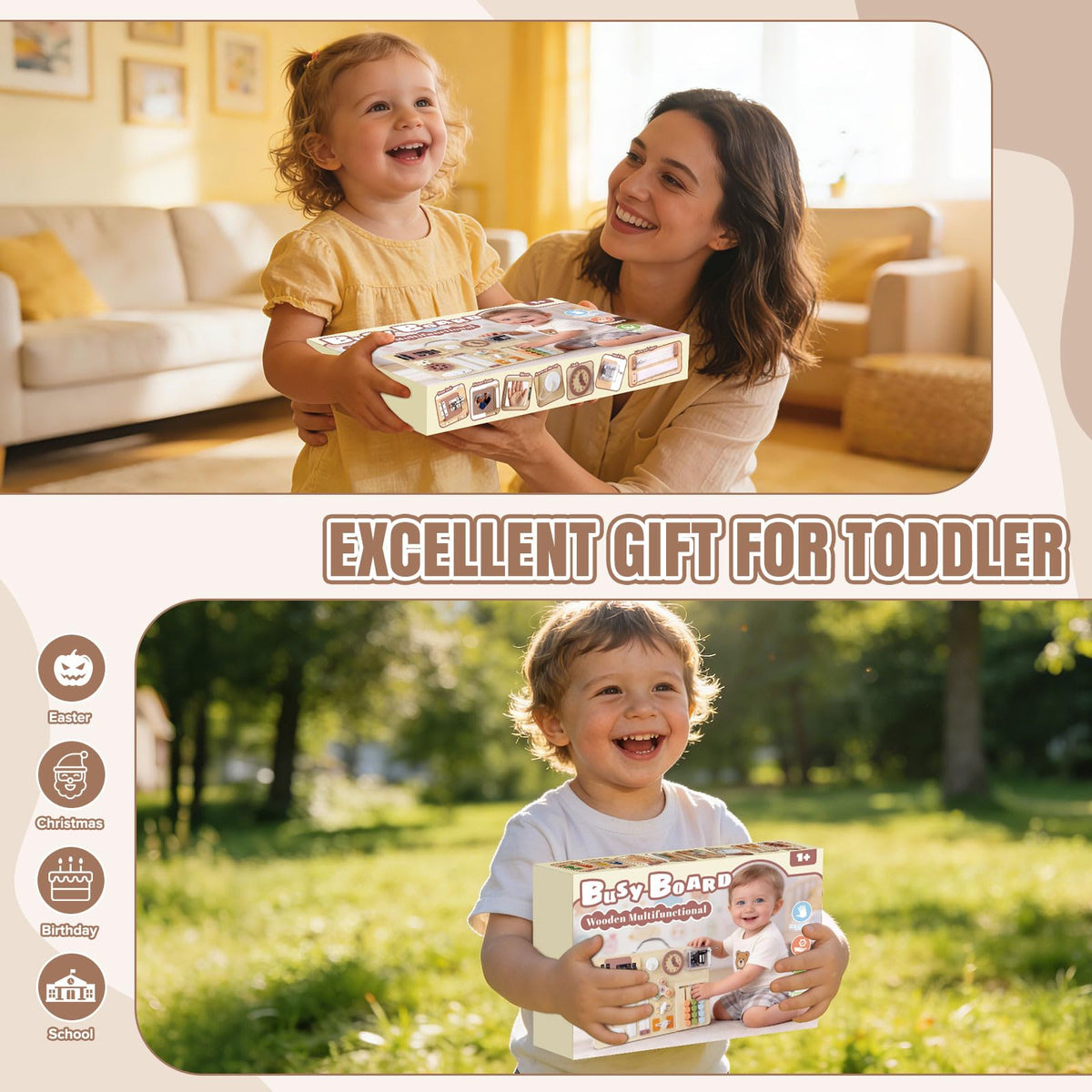 Hoarosall Montessori Busy Board for Toddlers 16-in-1 Wooden Sensory Activity Board with Music Box