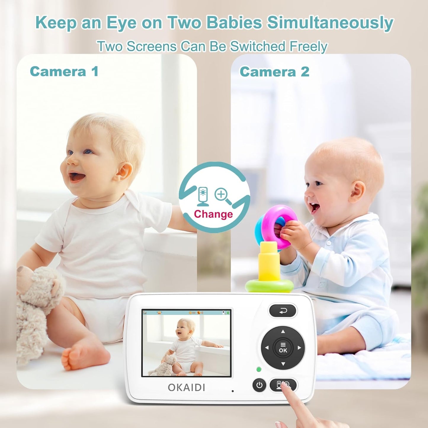 Video Baby Monitor with 2 Cameras, 2.4'' Portable Travel Screen, 1000ft Long Range Transmission