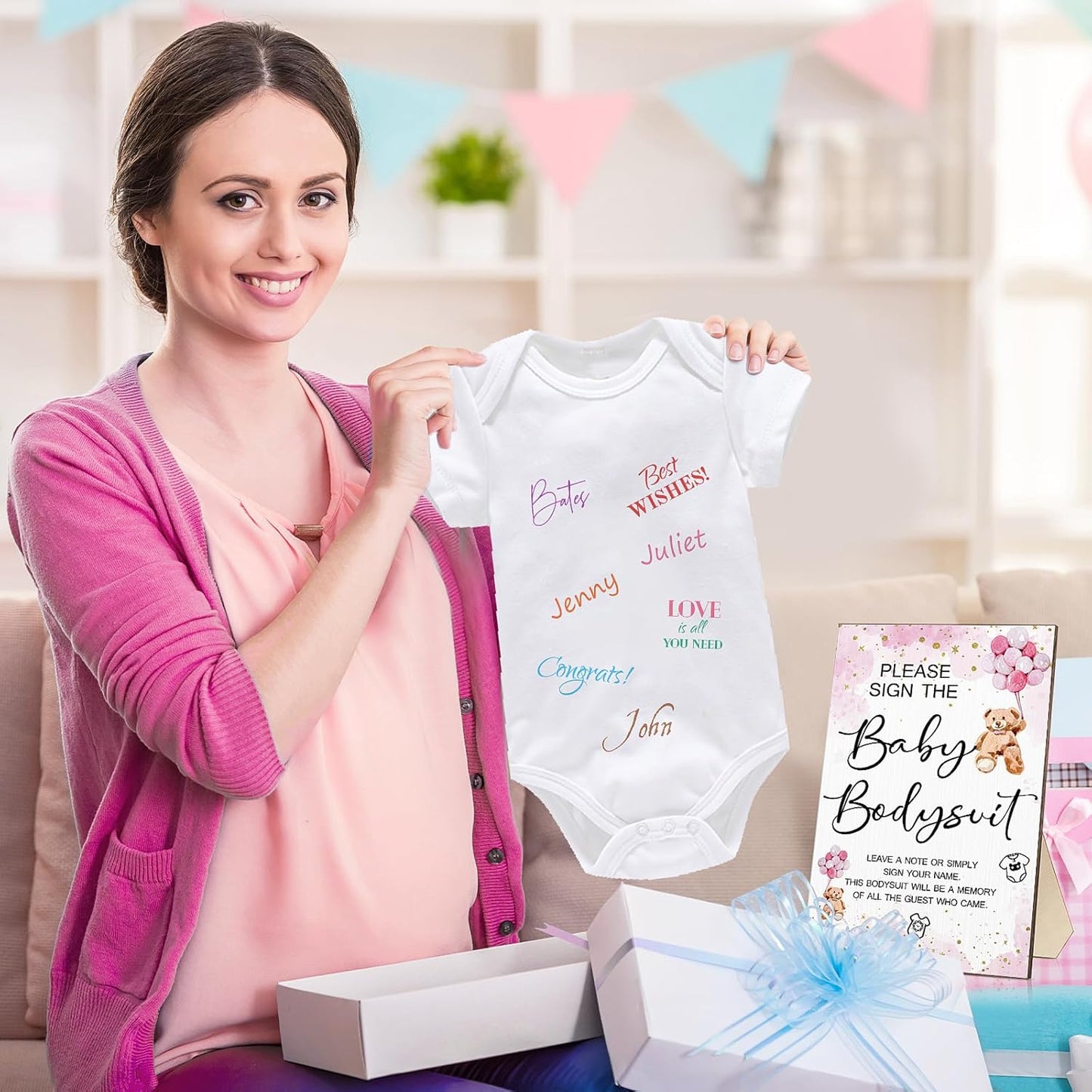 Qunclay 12 Pcs Baby Bodysuit Baby Shower Game Include 1 Game Wooden Sign Tabletop Decor 1 White