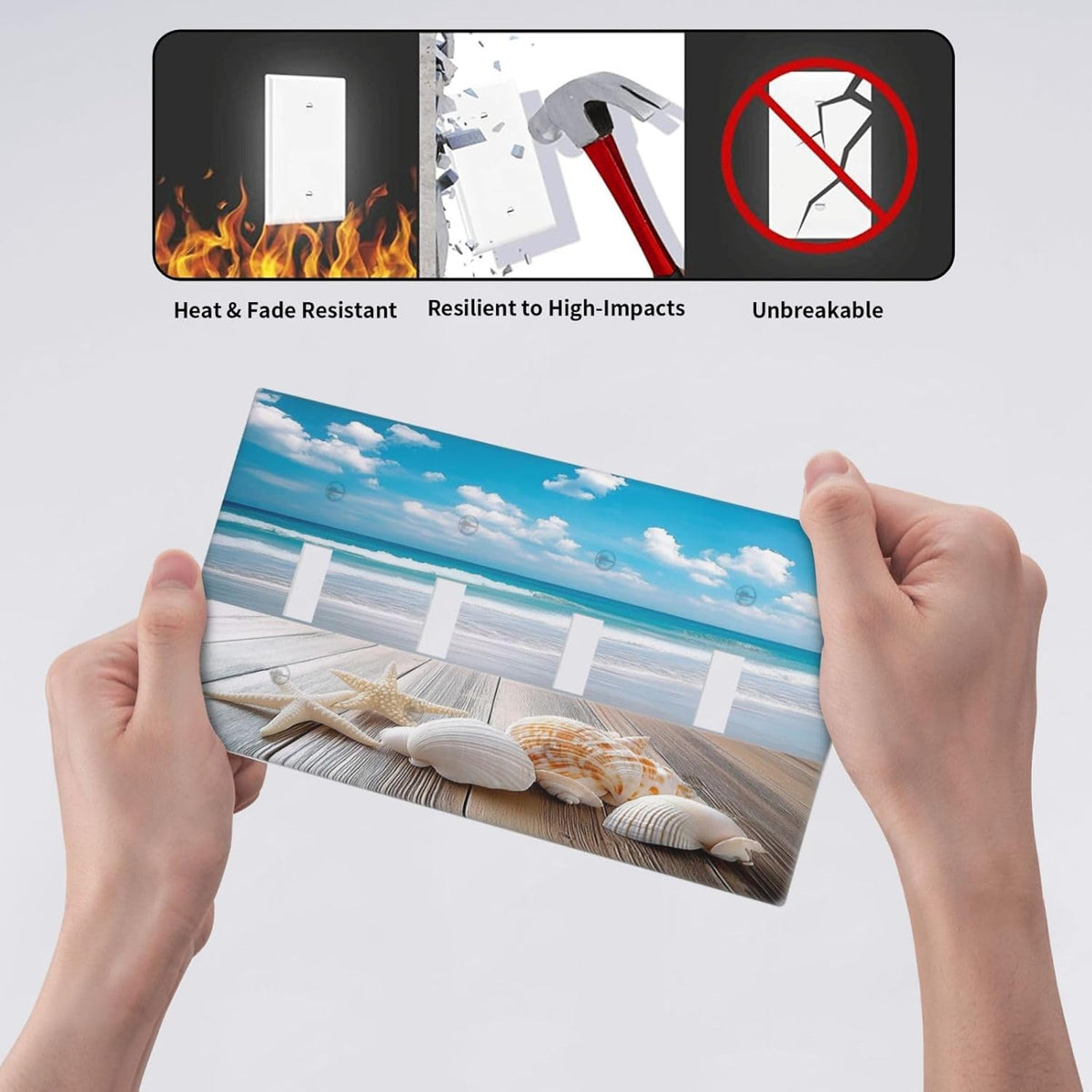 Light Switch Covers Beach Waves Brown Wood Starfish Shells Quad Toggle Electrical Faceplate 4 Gang