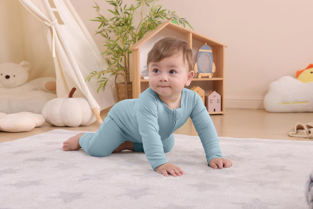 GUISBY Long Sleeve Cotton Pajamas Footless Baby Bodysuits with Zipper and Mittens 3-Pack for Boys