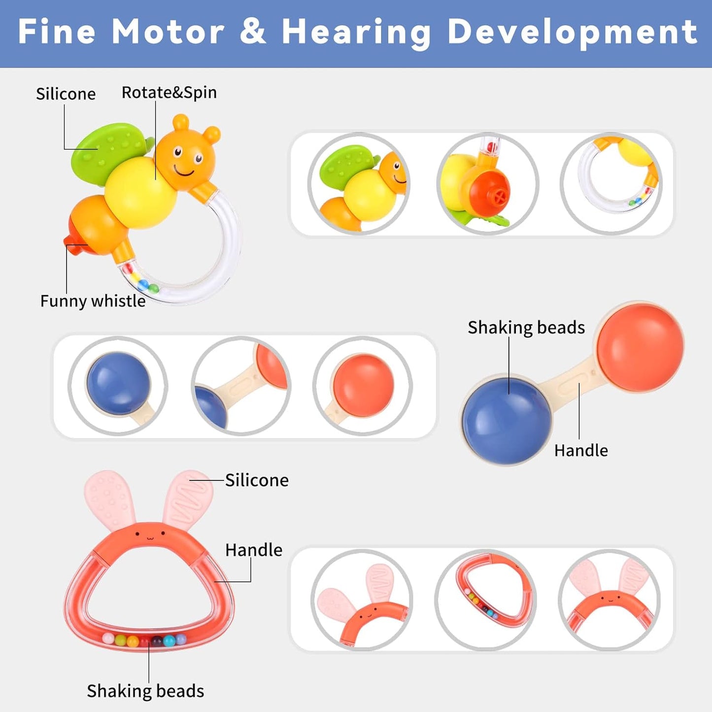 MOONTOY 9pcs Baby Rattles 3-6 Months, Infant Teething Toys 3-6 Months, Teethers Baby Toys 6-12