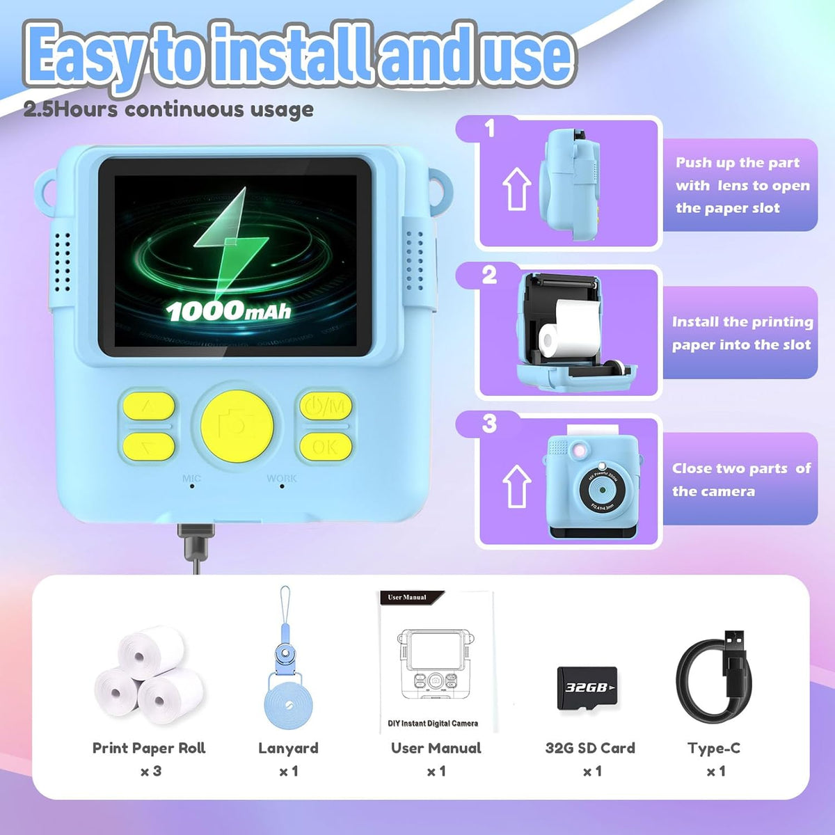 Kids Camera Instant Print, Christmas Birthday Gifts for Kids Age 3-12, Selfie Digital Camera with