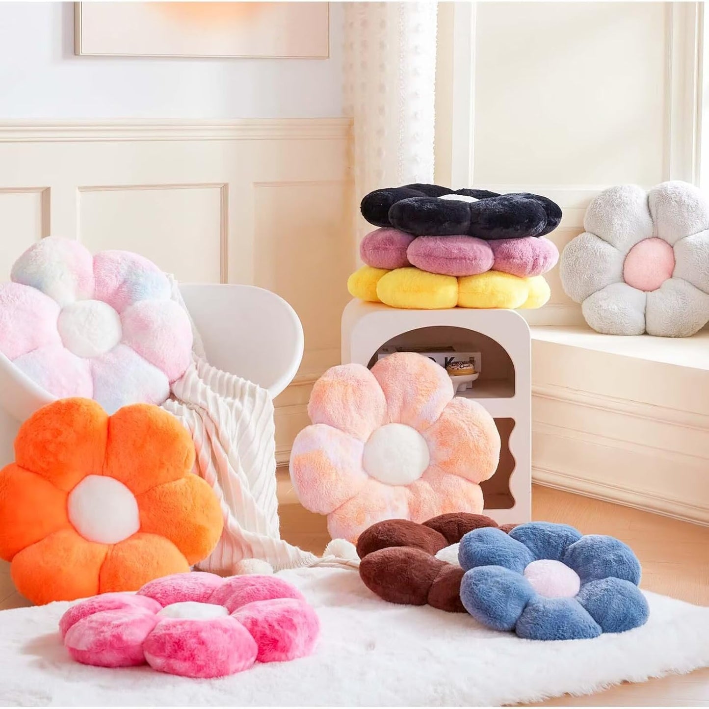 Royal Blue Flower Pillow, Cute Decorative Flower Shaped Throw Pillow with Faux Rabbit Fur, 19.6"