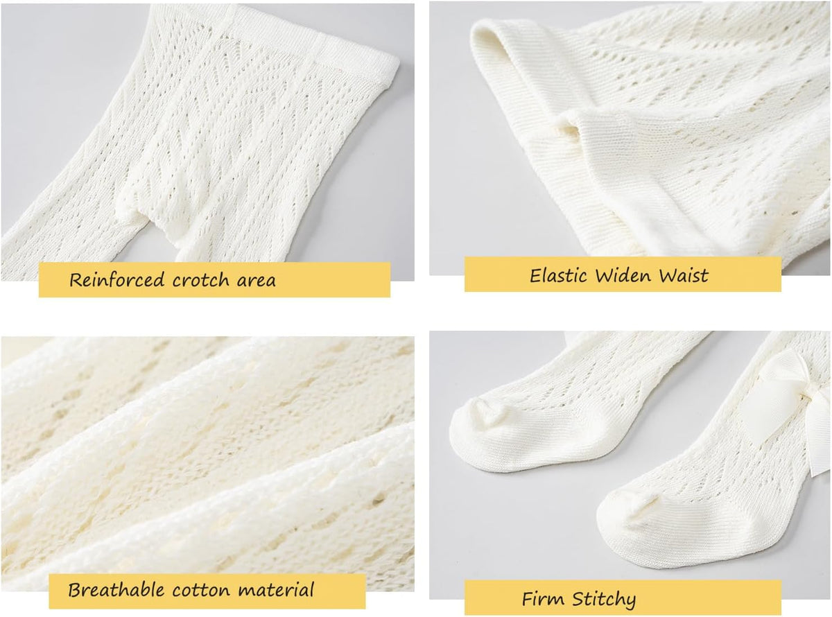 CHUNG Baby Girls Cotton Tights Thin Hollowed Summer with Bowknot Mesh Lace Fashion Toddler Footed