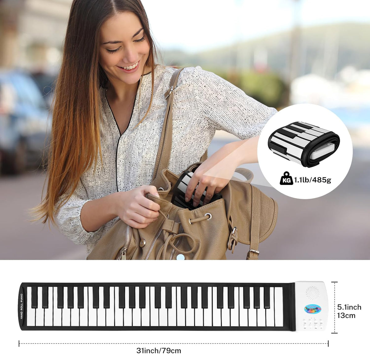 49 Key Roll Up Keyboard Piano, Portable Digital Electric Foldable Piano Keyboard, Rechargeable, 47