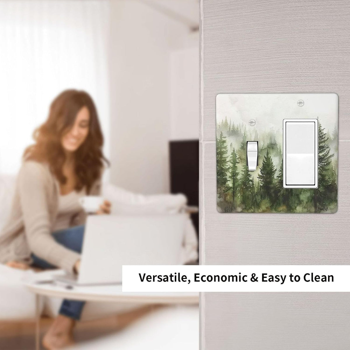 Outlet Covers Green Forest Watercolor Painting Foggy Pine 1 Toggle 1 Rocker Combination Decorative
