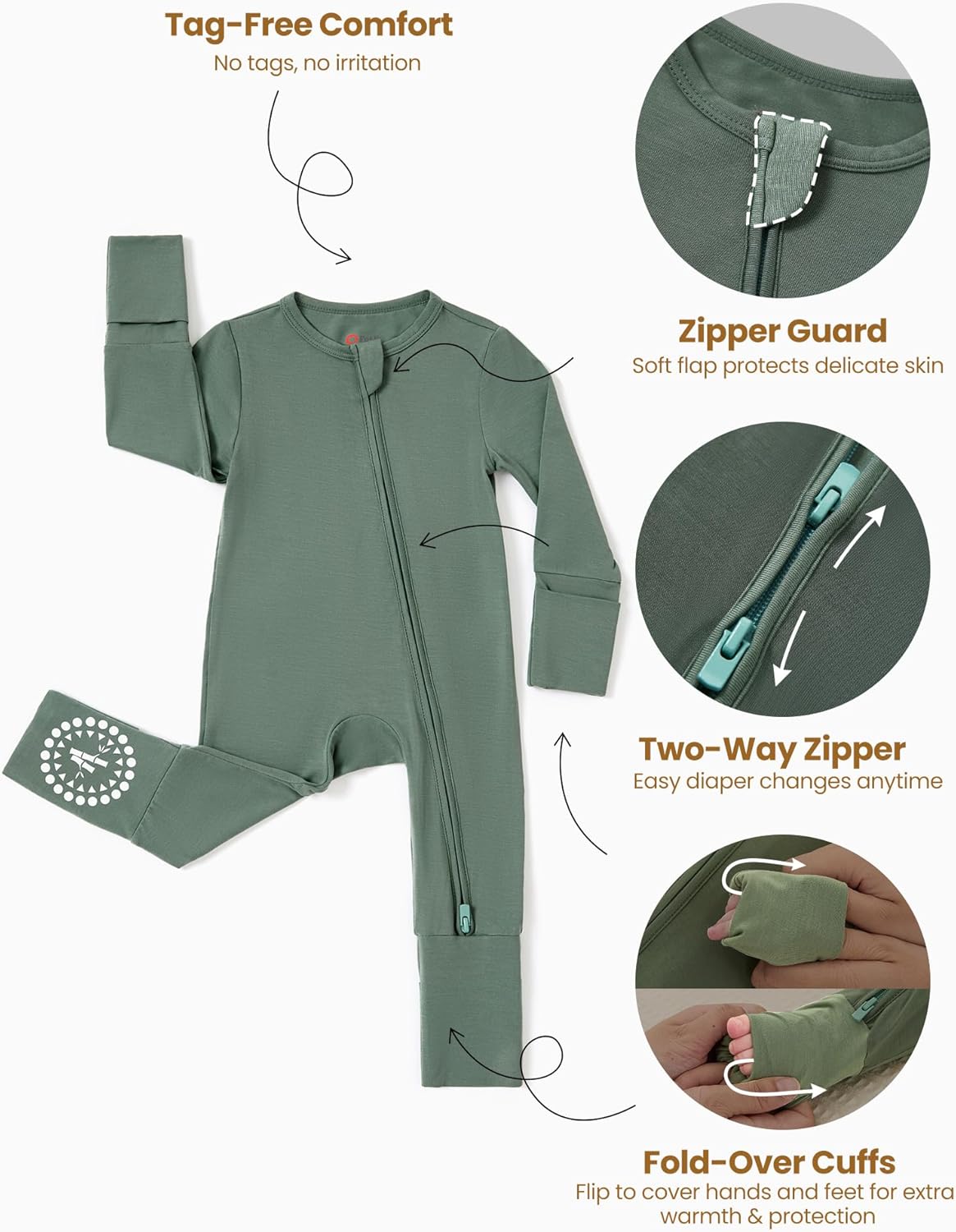 PATPAT Baby Footies Boys Girls - Bamboo Viscose - Zipper & Non-Slip Soles Romper Mitten - Footed &
