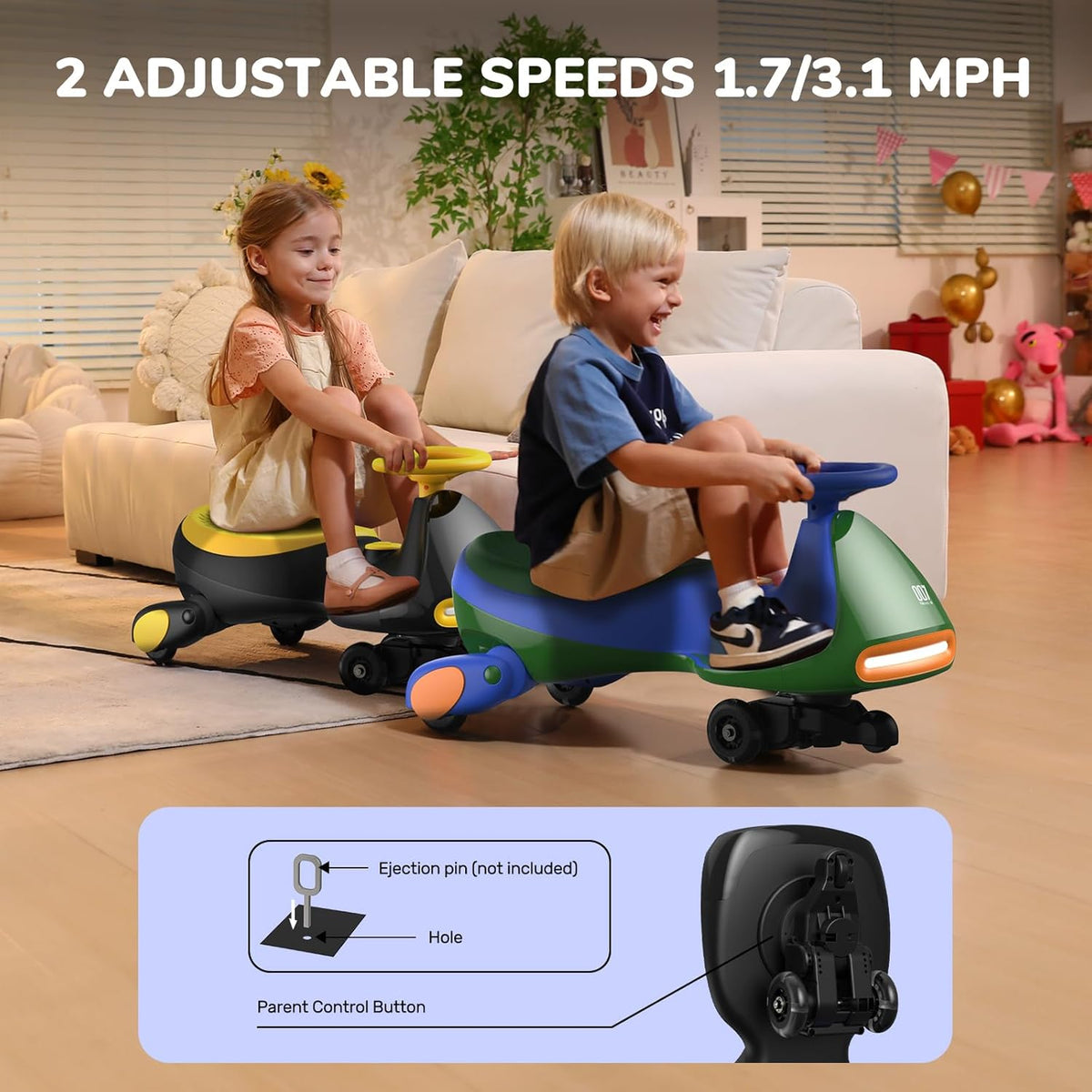 FanttikRide 6V N7 Classic Electric Wiggle Car with Pedal, Rechargeable Battery, Ride on Toys, Swing