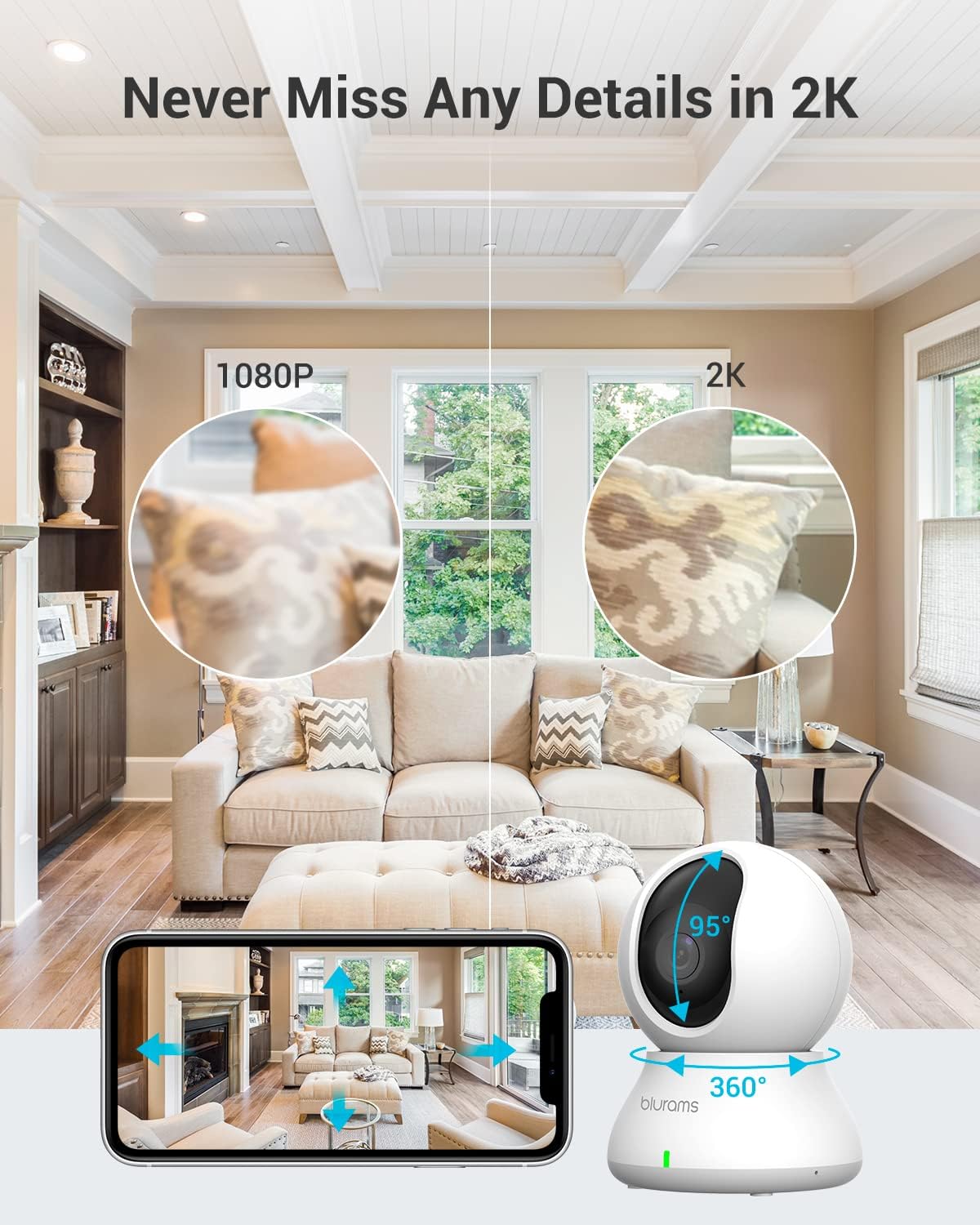 blurams Cameras for Home Security, 2K Indoor Camera 360° Pet Camera with Phone App, Motion