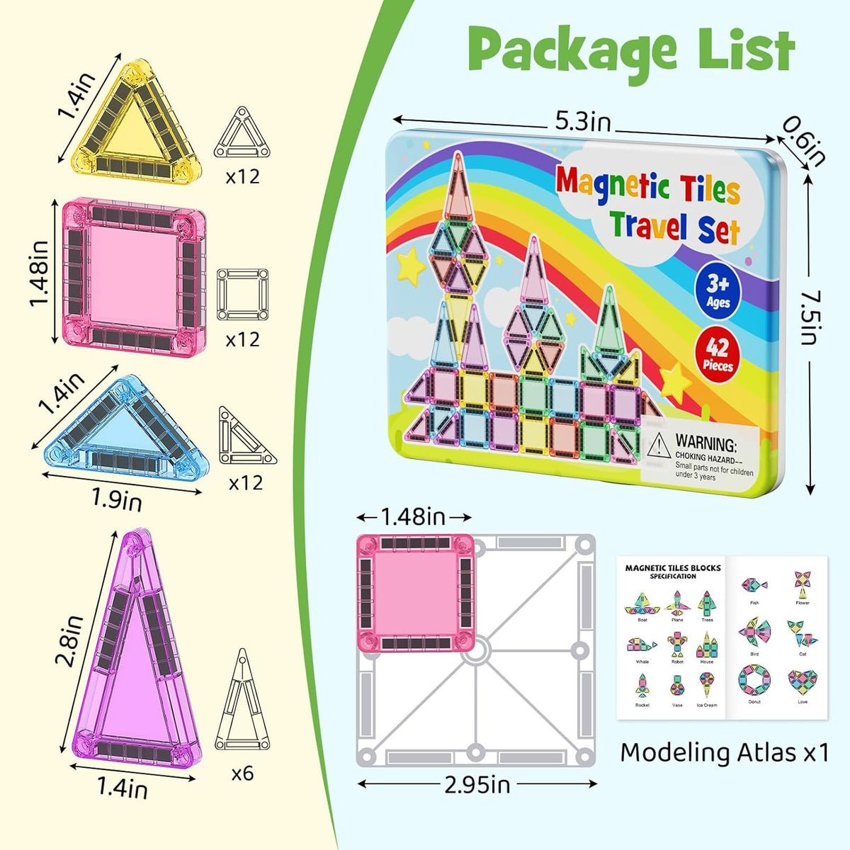 Magnetic Tiles Travel Toys for Kids 4-8, 42PCS Candy Color STEM Building Blocks with Visual Storage