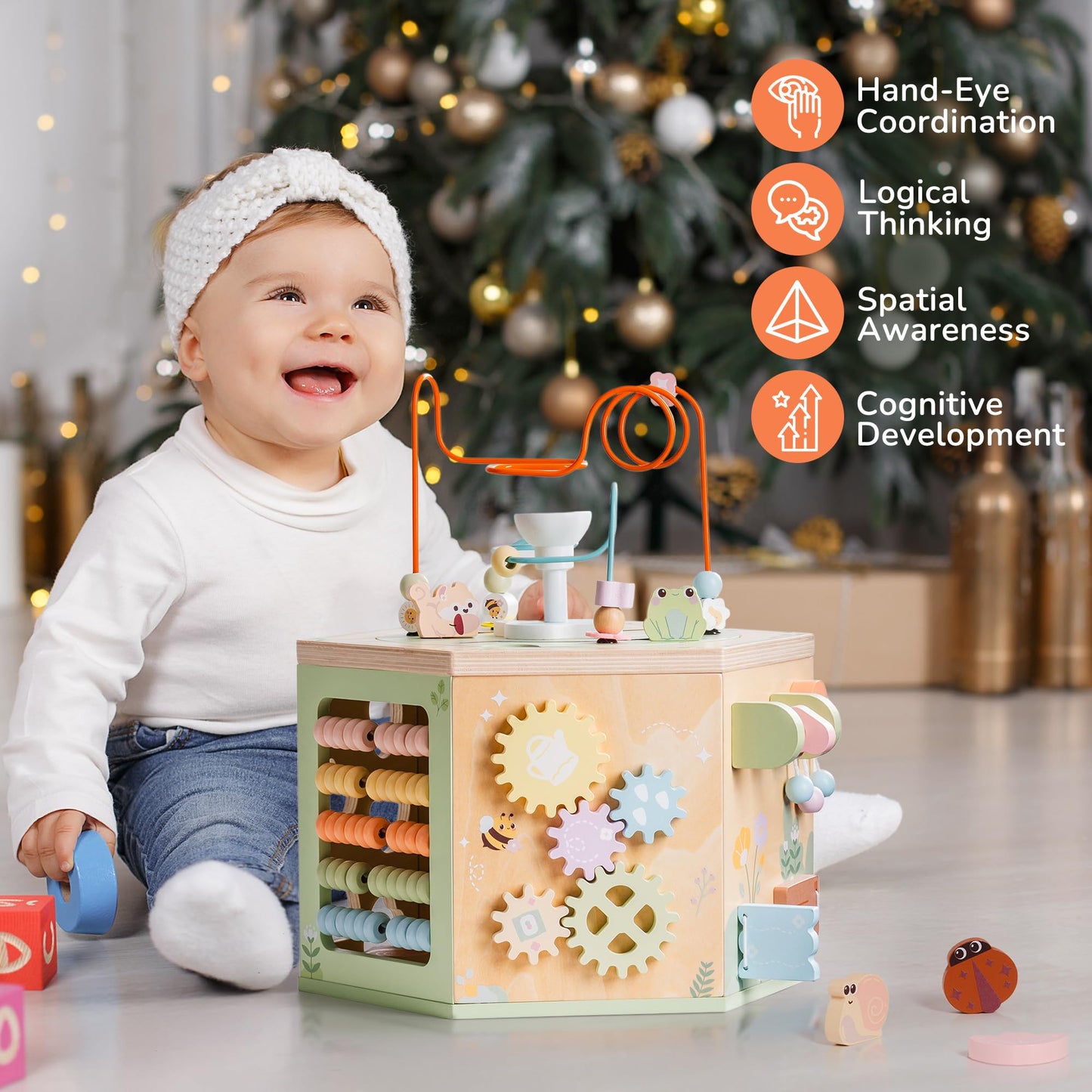 ROBOTIME Wooden Activity Cube for Toddlers, 13 in 1 Montessori Baby Activity Cube, Baby Play Cube