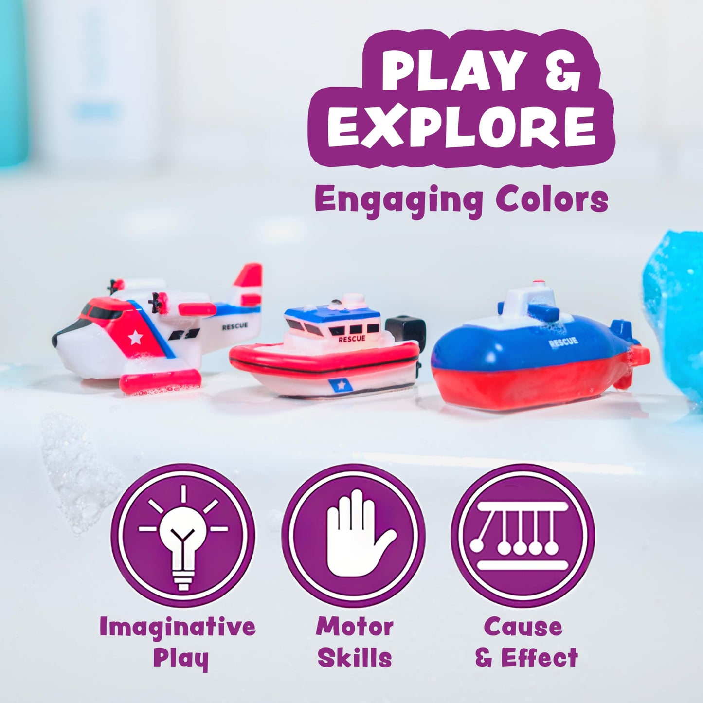 Tub Works® Ocean Rescue™ Vehicles Light Up Bath Toys, 6 Pack | Water-Activated Light Up Toys Flash