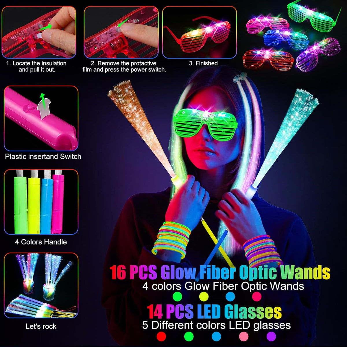 148 PCS Glow in the Dark Party Supplies, 16 PCS Glow Fiber Optic Wands, 14 PCS LED Glasses, 100 PCS