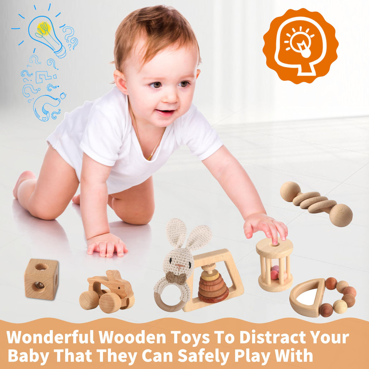 Wooden Toys for Babies, 7PCS Wooden Baby Rattle for 7-24 Months Boys Girls, Natural Wood Montessori