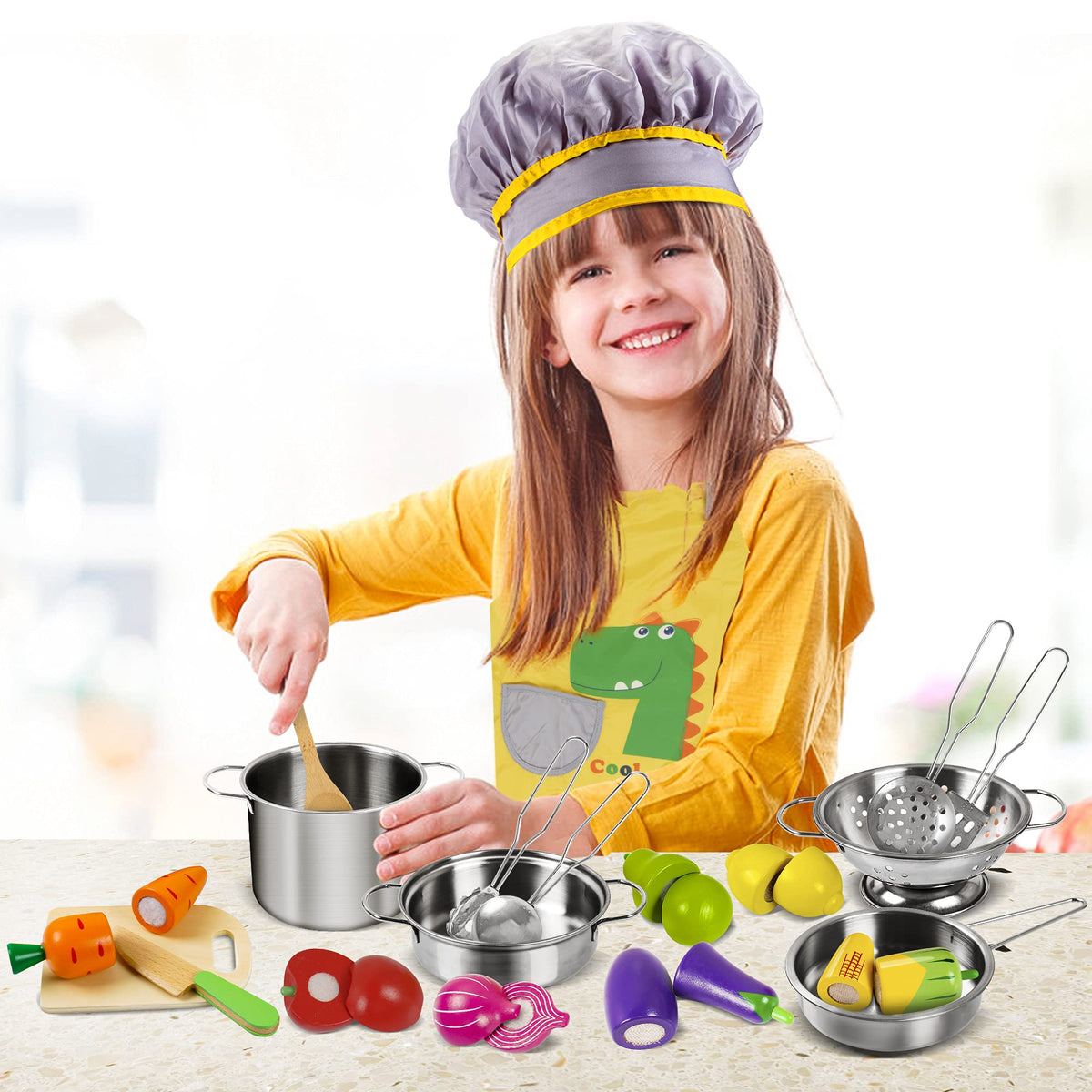 Sundaymot Play Kitchen Accessories, Wooden Play Food, Cooking Set with Stainless Steel Cookware