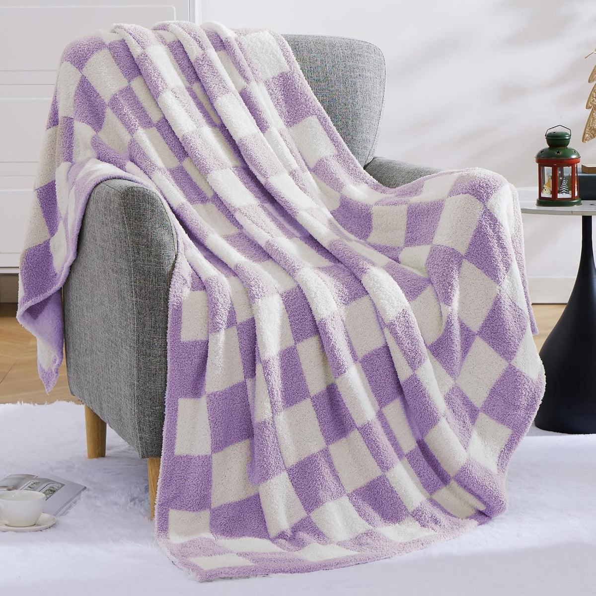 WRENSONGE Checkered Throw Blanket, Purple Soft Cozy Fluffy Warm Hand Made Throw Blankets for Couch