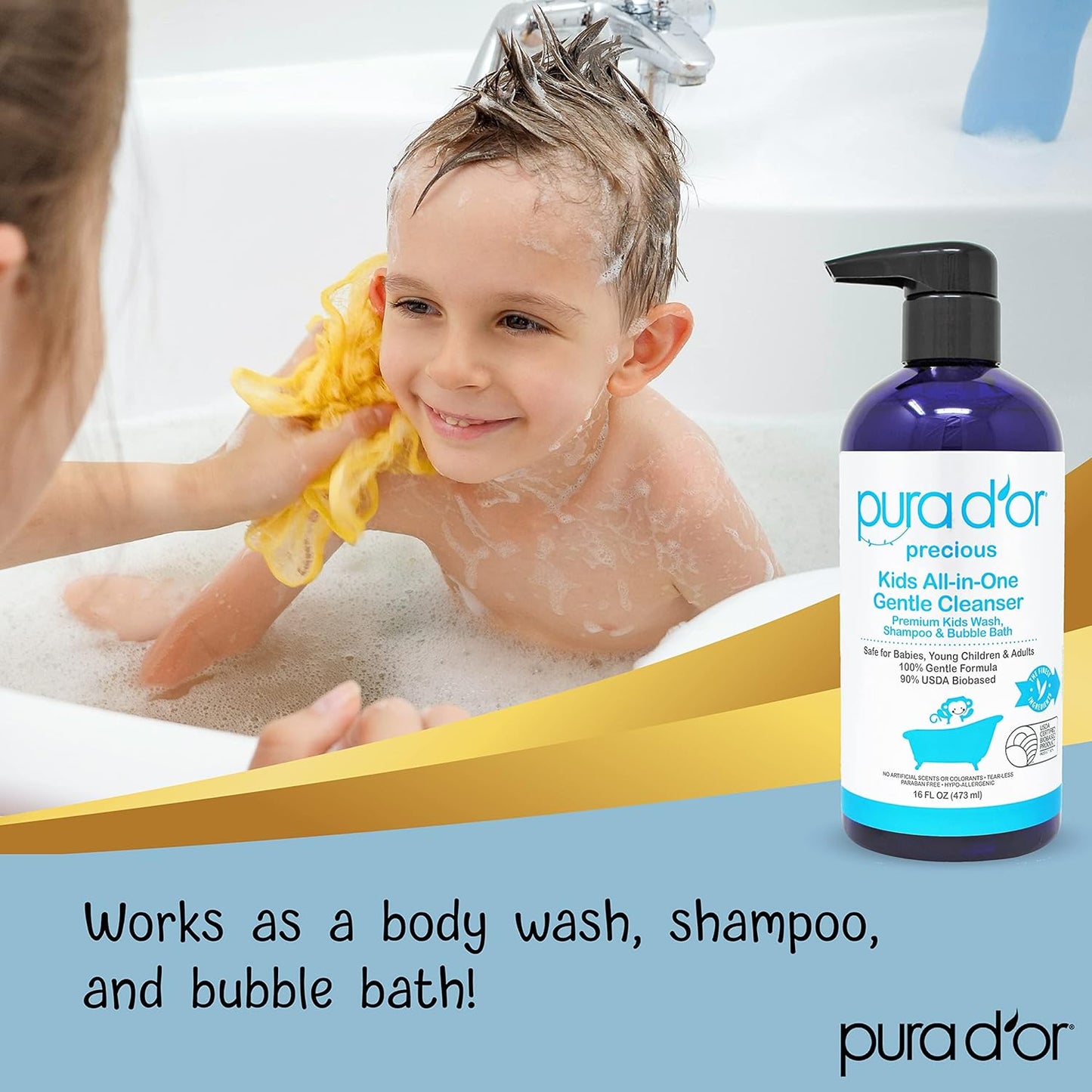 PURA D'OR 16 Oz Kids Wash - All-in-One Gentle Cleanser - USDA Biobased, Sulfate-Free, Tear-Less
