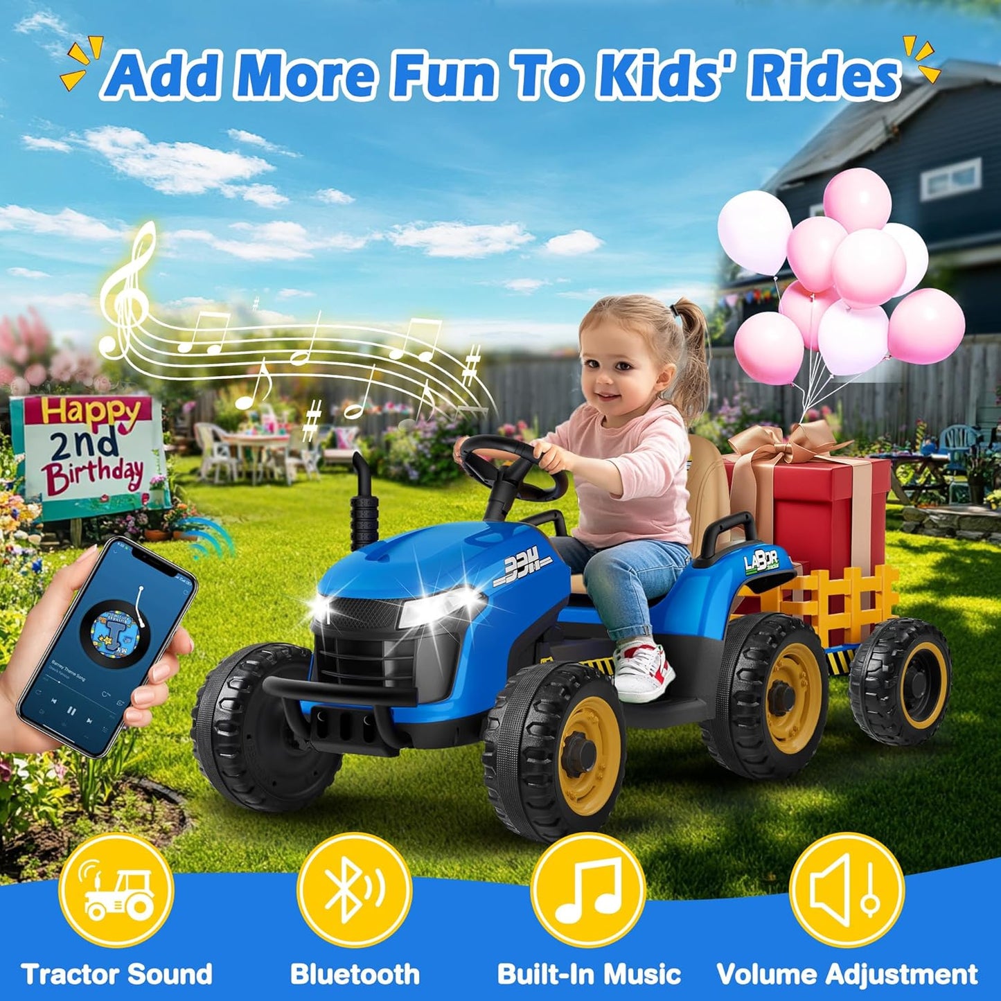 24V Ride On Tractor w/Tiltable & Detachable Trailer, 2x65W Motors, EVA Tires, Remote Control