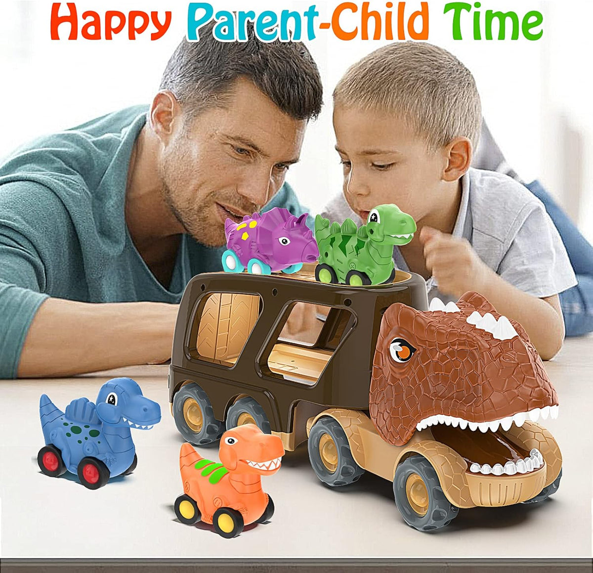 Veslier Dinosaur Car Toy for 2 3 4 5 Years Old Boys, Friction Power Carrier Truck with 4 Pack Small