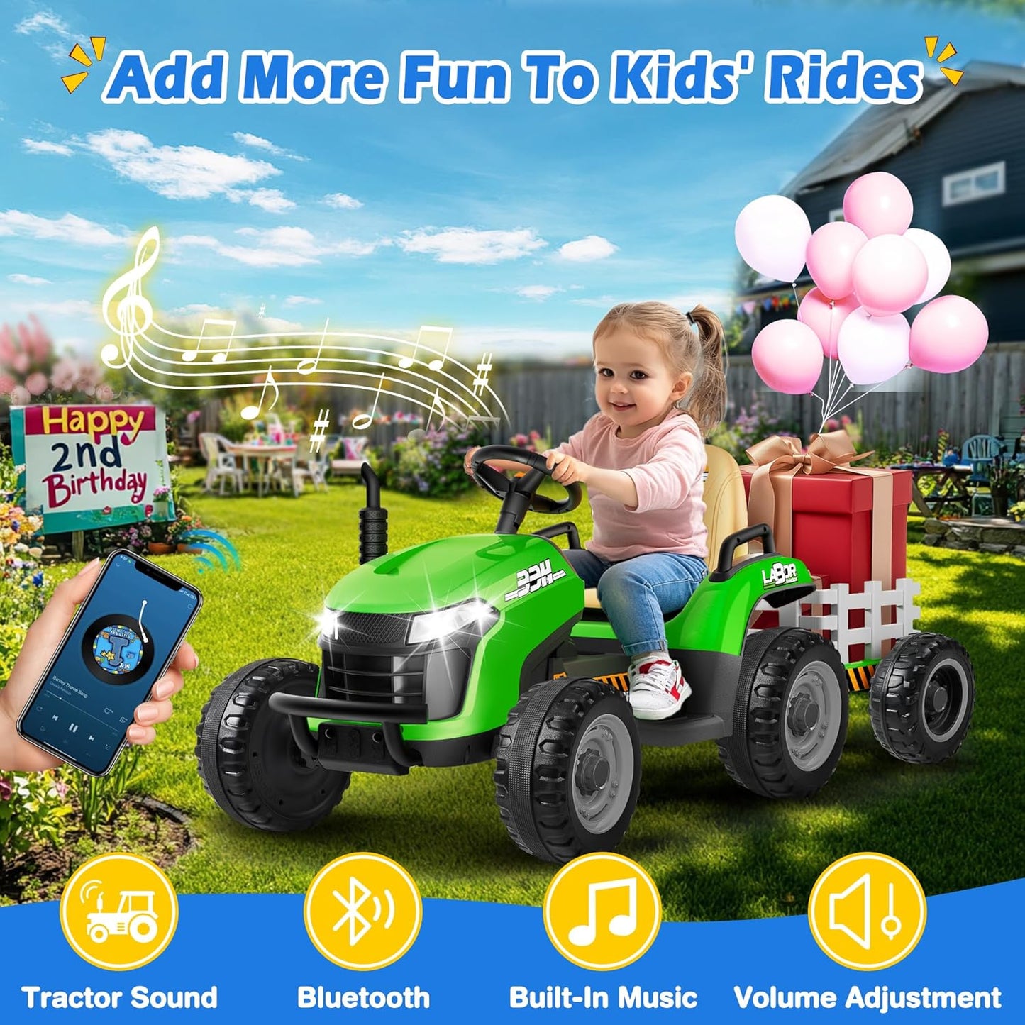 24V Ride On Tractor w/Tiltable & Detachable Trailer, 2x65W Motors, EVA Tires, Remote Control