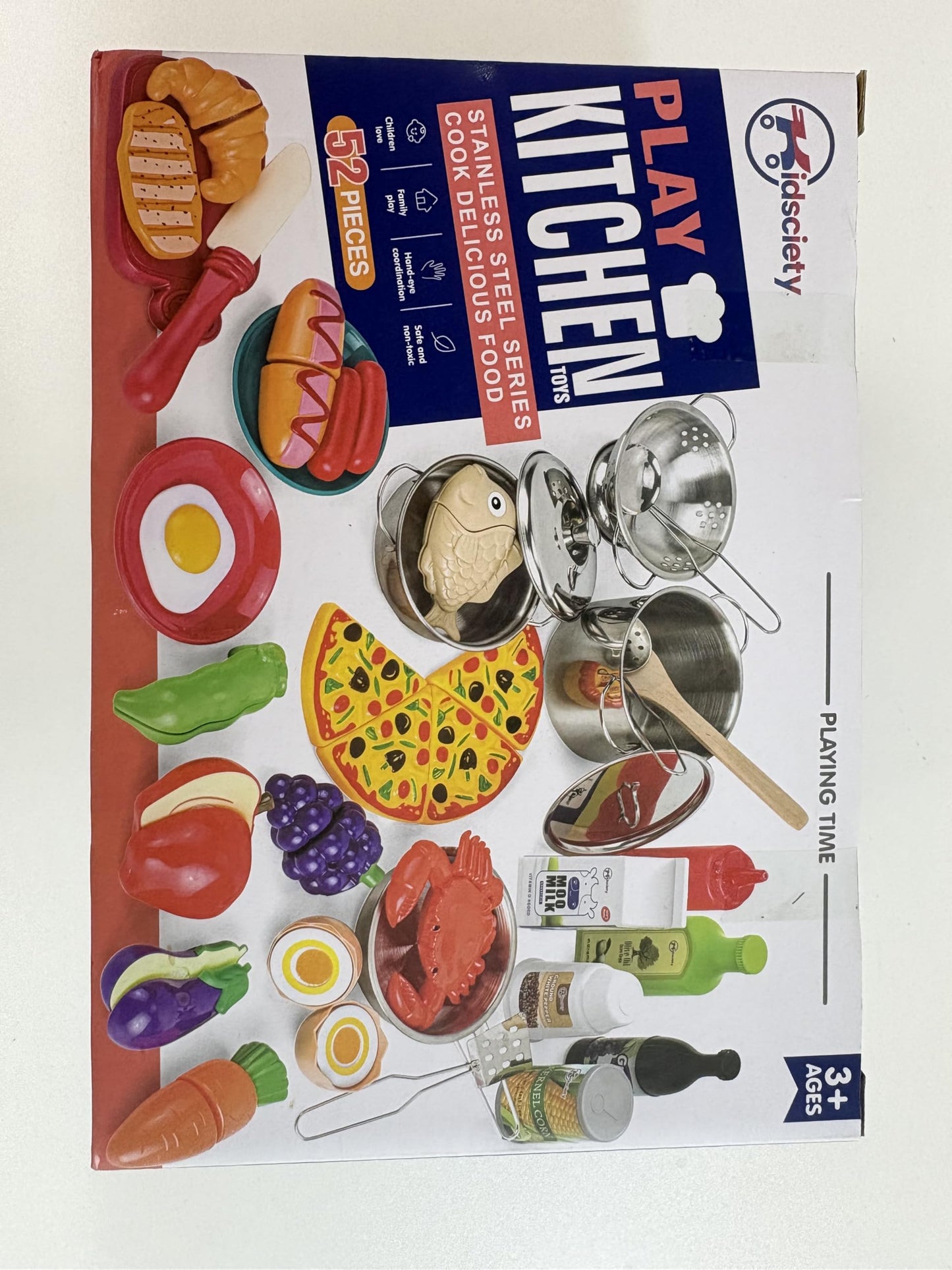 Kidsciety Pretend Play Kitchen Accessories, 52pc Kids Kitchen Playset with Play Food, Stainless
