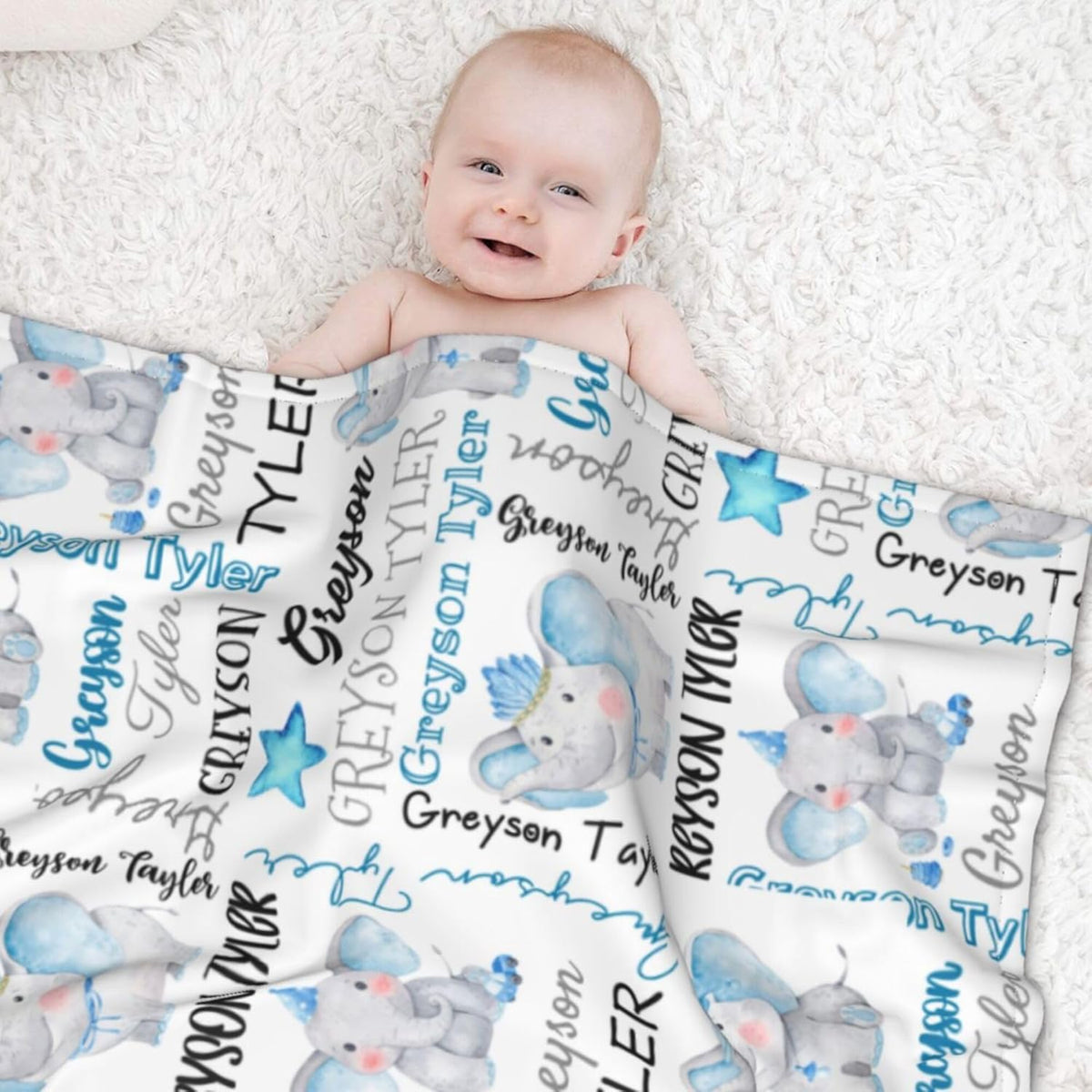 Personalized Elephant Swaddle Blanket with Name - Custom Baby Blanket for Boys & Toddlers - Kids &