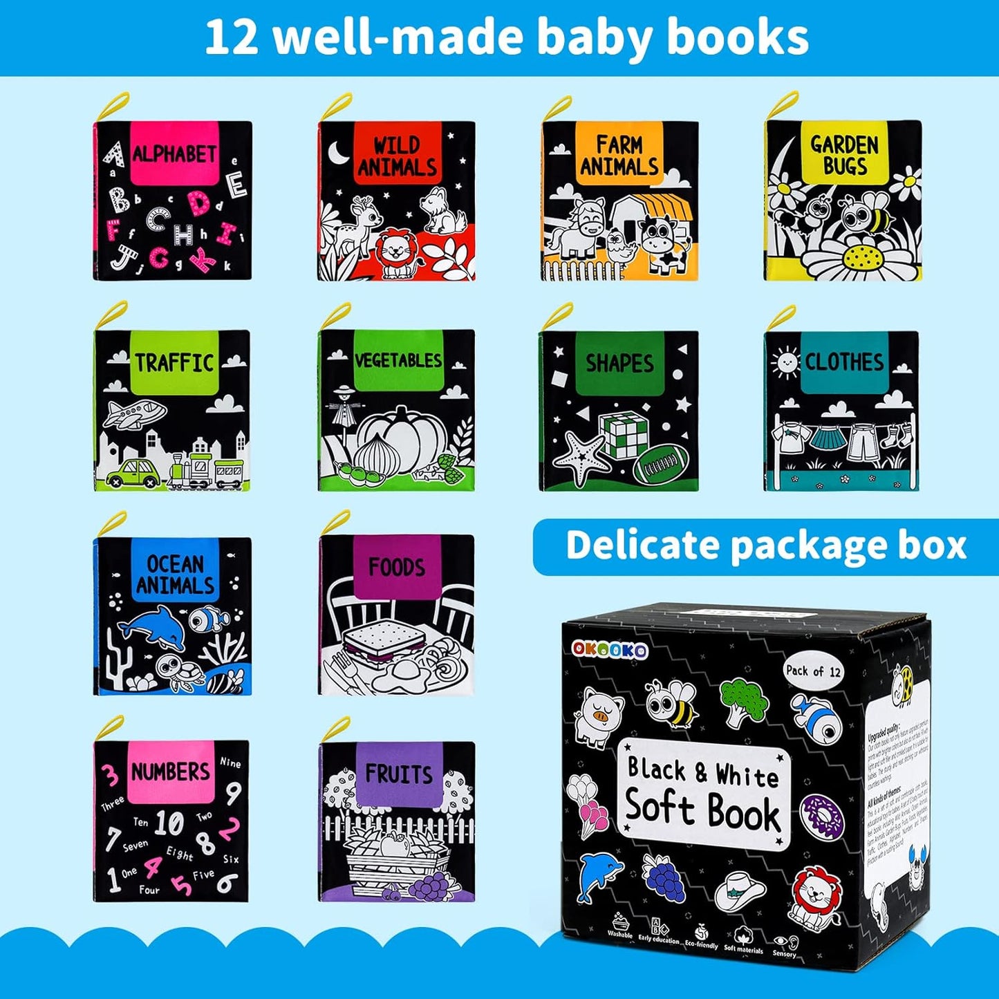 OKOOKO Soft Baby Books Black and White High Contrast 12PCS Soft Cloth Books Bath Books Crinkle