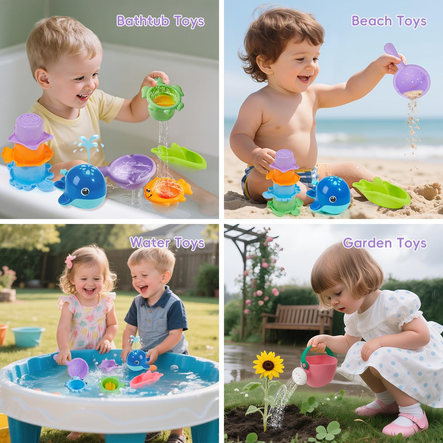 Mold Free Bath Toys, 11PCS | Safe Easy Clean & Fun Floating Boats & Spoon & Watering Can and Whale