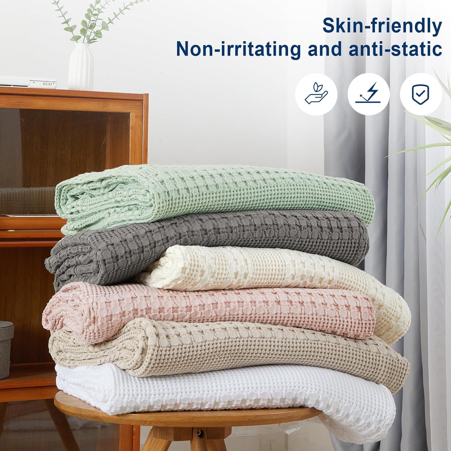 PHF 100% Cotton Waffle Weave Blanket Queen Size, Soft Lightweight Breathable Cozy Summer Blankets