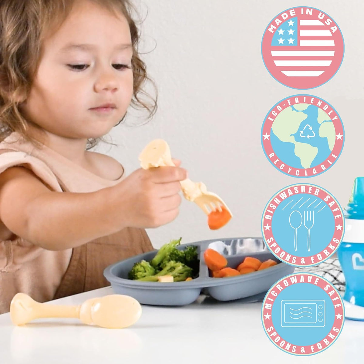 Made in USA Spoon la la Toddler Utensils Set - 2 Pack (1 Spoon & 1 Fork for Kids) - Self-Standing